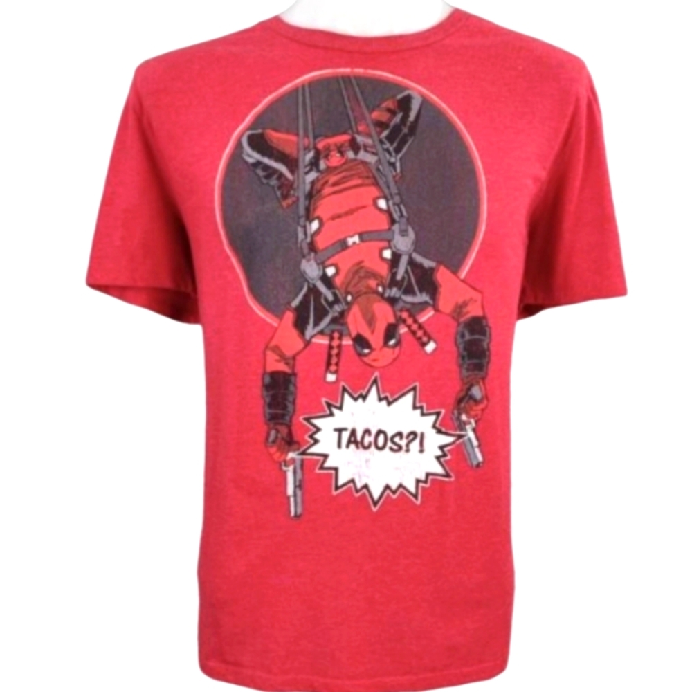 Fifth Sun Marvel Mens Red Deadpool Tacos Short Sleeve Shirt Size Large